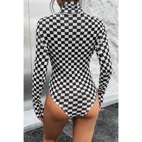 Black Checkered Printed Long Sleeve High Neck Bodysuit - S thumbnail