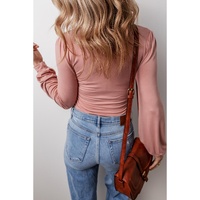 Fushia Plain V neck Long Sleeve Casual Bodysuit - L thumbnail