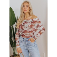 Pink Floral Printed Long Sleeve Sheath Bodysuit - L thumbnail