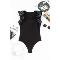 Black Leatherette Ruffle Patchwork Ribbed V Neck Bodysuit - M thumbnail