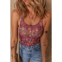 Purple Floral Printed Mesh U Neck Sleeveless Bodysuit - M thumbnail