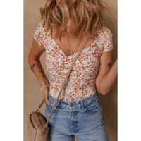 Orange Short Sleeve Floral Ruched Sweetheart Bodysuit - L thumbnail