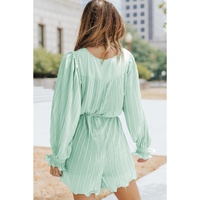 Green Pleated Ruffled Tie Waist Buttons V Neck Romper - M thumbnail
