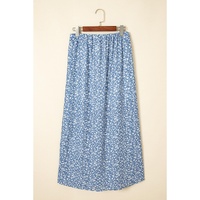 Sky Blue Boho Floral High Waist Long Skirt with Side Split - L thumbnail