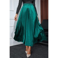 Blackish Green Satin Elastic Waist Pleated Maxi Skirt - XL thumbnail
