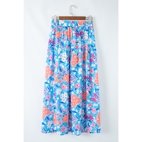 Sky Blue Floral Printed High Waist Split Wrap Long Skirt - L thumbnail
