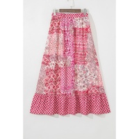 Red Boho Pattern Print Tassel Drawstring High Waist Maxi Dress - L thumbnail