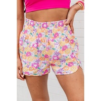 Pink Boho Floral Shirred High Waist Casual Shorts - L thumbnail