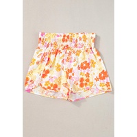 Orange Boho Floral Shirred High Waist Casual Shorts - L thumbnail