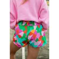 Green Abstract Print Smock Waist Casual Shorts - L thumbnail
