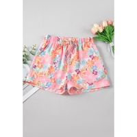 Pink Floral Print Side Pockets Drawstring Casual Shorts - L thumbnail