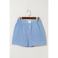 blue Red Plaid Gingham Printed High Waist Shorts - L thumbnail