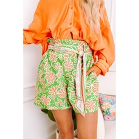 Green Floral Print Pocketed Front Knot High Waist Casual Shorts - M thumbnail