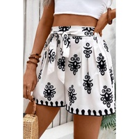 Black Tribal Geometric Print Belted High Waist Casual Shorts - L thumbnail