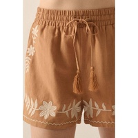 Khaki Embroidered Boho Tasseled Drawstring Elastic Waist Casual shorts - M thumbnail