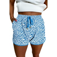 Blue Leopard Elastic Waist Lace up Contrast Trim Casual Shorts - L thumbnail