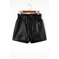 Black Faux Leather Paper Bag Waist High Rise Shorts - M thumbnail