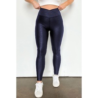 Navy Blue Crossed Dip Waist Sleek Leather Leggings - XL thumbnail
