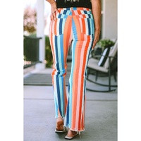 Multicolor Striped Raw Hem Flared Bottom Denim Pants - 10 US thumbnail