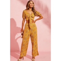 Yellow Bohemian Floral Print Pocketed Wide Leg Pants - XL thumbnail