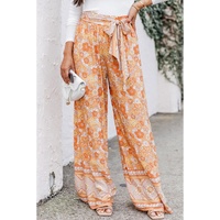 Grapefruit Orange Tie Waist Boho Floral Wide Leg Pants - L thumbnail