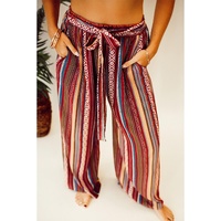 Red Boho Ethnic Striped Print Tie Waist Wide Leg Pants - L thumbnail