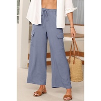Dark Grey Drawstring Frilled Waist Wide Leg Utility Trousers - L thumbnail