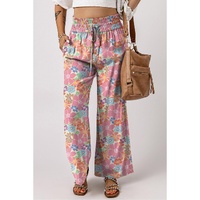 Pink Floral Smocked Waist Loose Pants - L thumbnail
