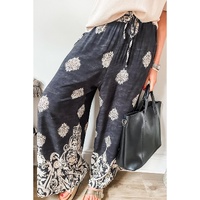 Black Bohemian Printed Drawstring Waist Wide Leg Pants - M thumbnail