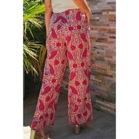 Red Paisley Printed Buttoned High Waist Straight Leg Pants - L thumbnail