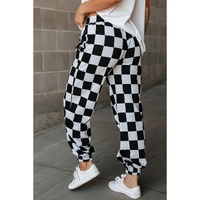 Black Checkerboard Elastic Waist Pocketed Joggers - L thumbnail