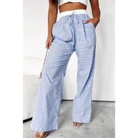 Sky Blue Stripe Wide Leg Buttoned Lace up Elastic High Waist Pants - XL thumbnail