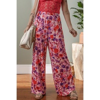Purple Floral Wide Leg Elastic High Waist Pants - L thumbnail