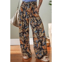 Multicolour Floral Shirred High Waist Wide Leg Pants with Tie - L thumbnail