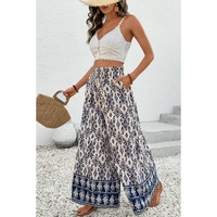 Blue Boho Pattern Print High Waist Wide Leg Loose Pants - M thumbnail