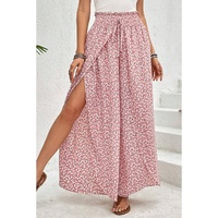 Pink Bohemian Print Slit Wide Leg Smocked High Waist Pants - L thumbnail