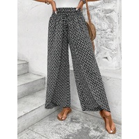 Black Bohemian Print Slit Wide Leg Smocked High Waist Pants - L thumbnail