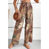 Khaki Paisley Print Boho Elastic Waist Wide Leg Pants - L thumbnail