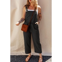 Black Drawstring Buttoned Straps Cropped Overall - S thumbnail