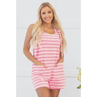 Pink Stripe Knotted Strap Patched Pocket Romper - L thumbnail