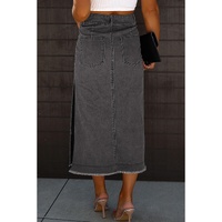 Black Raw Edge Side Slits Buttoned Midi Denim Skirt - XL thumbnail