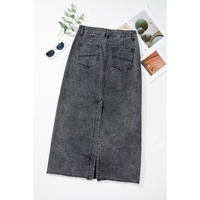 Dark Grey Denim Raw Hem Back Split High Waist Long Skirt - L thumbnail