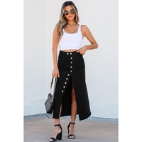 Black Button Fly Side Split High Waist Denim Midi Skirt - XL thumbnail