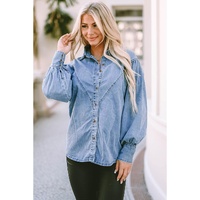 Azura Exchange V-shape Stitching Puff Sleeve Denim Shirt - L thumbnail