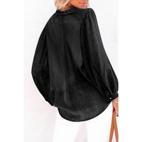 Black Split V-Neck Balloon Sleeve Ruched Denim Top - L thumbnail