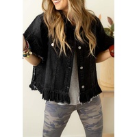 Black Raw Edge Ruffled Short Sleeve Denim Jacket - S thumbnail