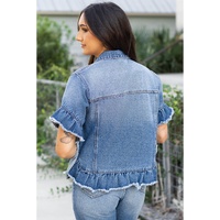 Peacock Blue Raw Edge Ruffled Short Sleeve Denim Jacket - S thumbnail