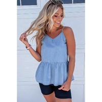 Sky Blue Casual Ruffled Spaghetti Straps Denim Tank Top - S thumbnail