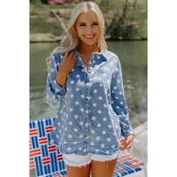 Sky Blue Star Print Light Wash Raw Hem Denim Jacket - L thumbnail