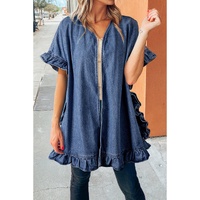 Dusk Blue Chambray Ruffle Hem Half Sleeve Open Loose Kimono - XL thumbnail